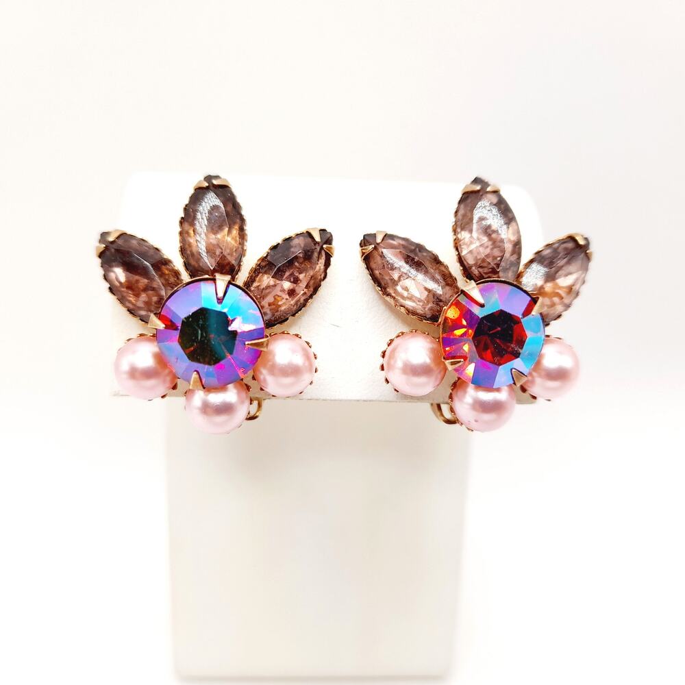 Vintage AB Rhinestone Pink Pearl Earrings Gold Tone Clip On Costume Jewelry